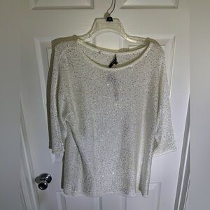 Cream Festive Knit Thin Weave Silver Sparkles Sweater, Women’s XL NWT